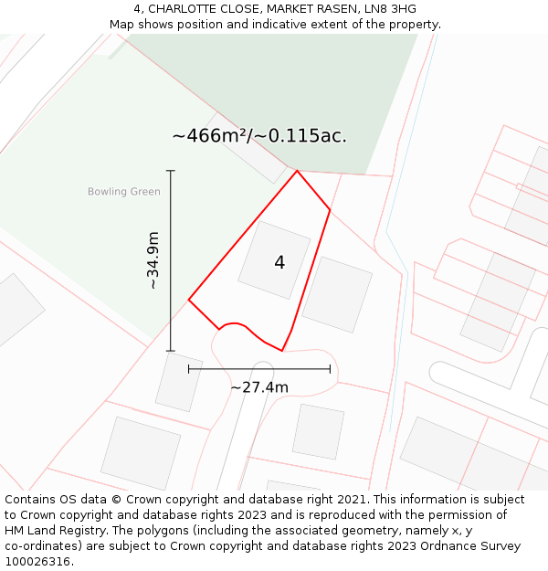 4, CHARLOTTE CLOSE, MARKET RASEN, LN8 3HG: Plot and title map