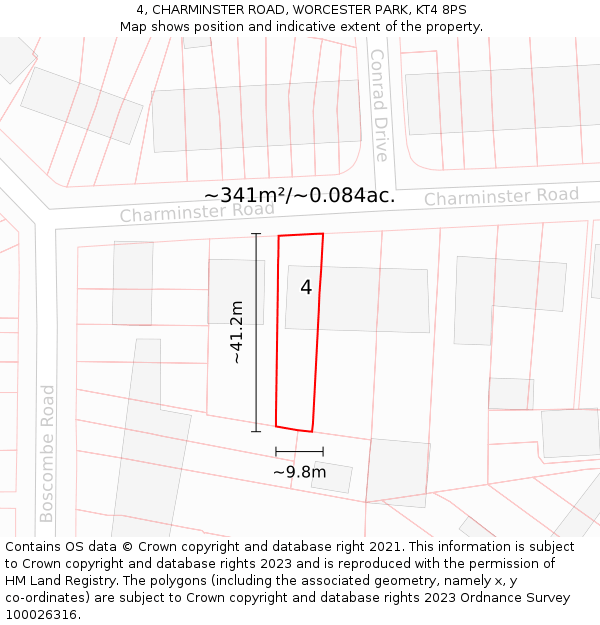 4, CHARMINSTER ROAD, WORCESTER PARK, KT4 8PS: Plot and title map