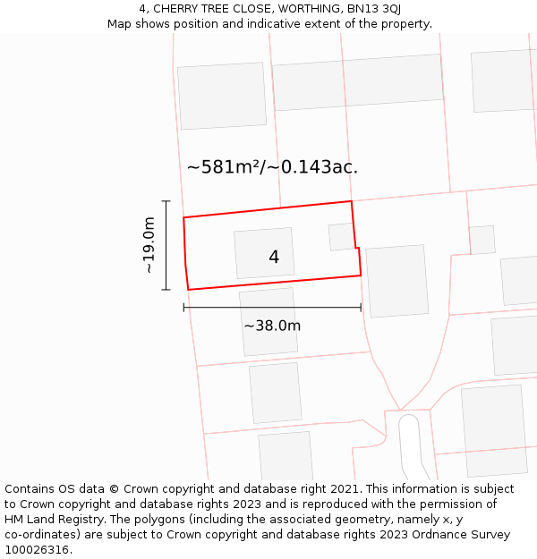 4, CHERRY TREE CLOSE, WORTHING, BN13 3QJ: Plot and title map
