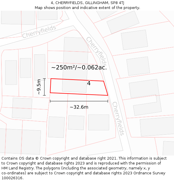 4, CHERRYFIELDS, GILLINGHAM, SP8 4TJ: Plot and title map