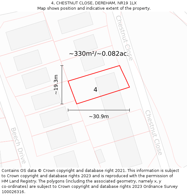 4, CHESTNUT CLOSE, DEREHAM, NR19 1LX: Plot and title map