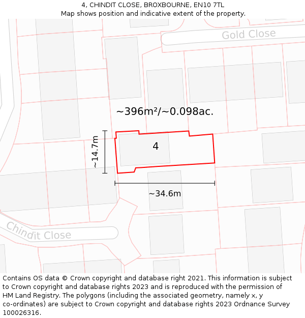 4, CHINDIT CLOSE, BROXBOURNE, EN10 7TL: Plot and title map