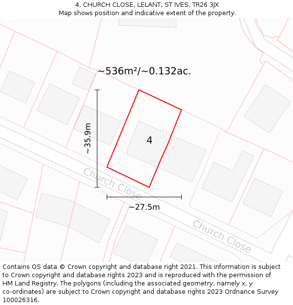 4, CHURCH CLOSE, LELANT, ST IVES, TR26 3JX: Plot and title map