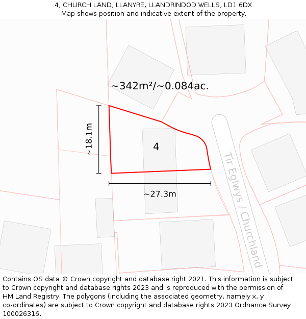 4, CHURCH LAND, LLANYRE, LLANDRINDOD WELLS, LD1 6DX: Plot and title map