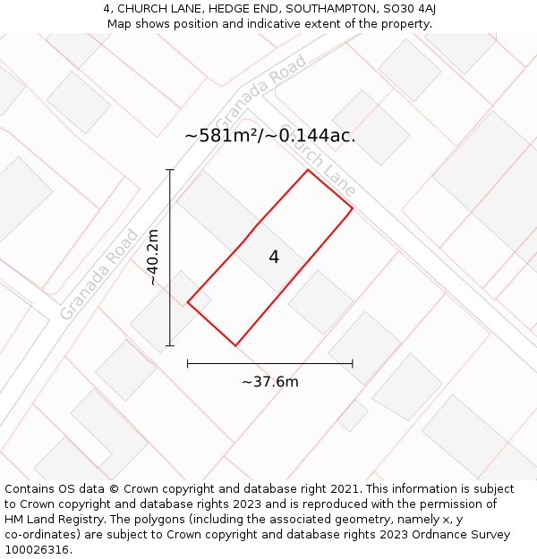 4, CHURCH LANE, HEDGE END, SOUTHAMPTON, SO30 4AJ: Plot and title map