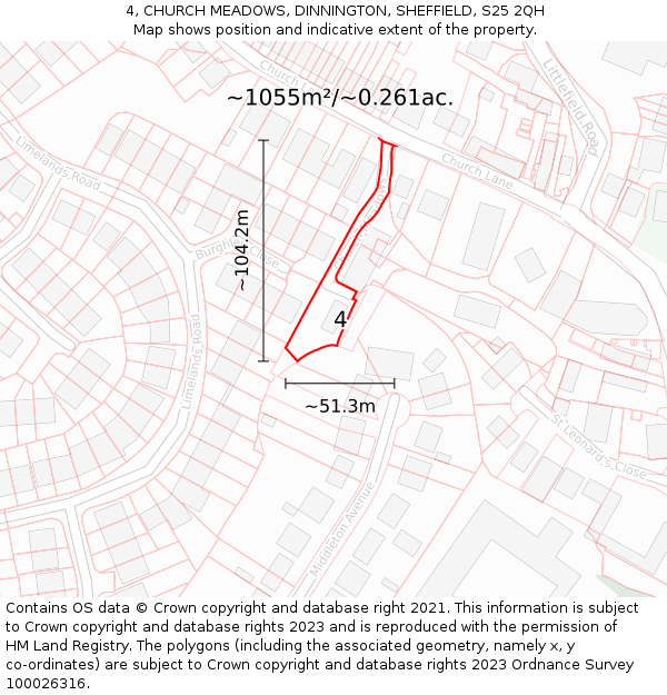 4, CHURCH MEADOWS, DINNINGTON, SHEFFIELD, S25 2QH: Plot and title map