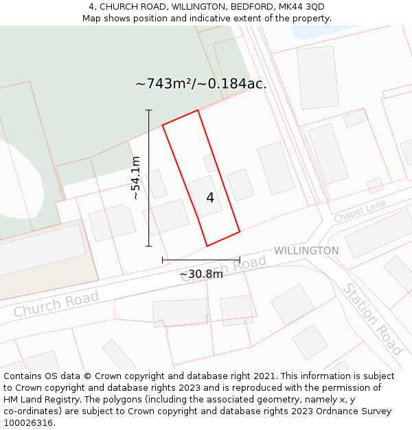 4, CHURCH ROAD, WILLINGTON, BEDFORD, MK44 3QD: Plot and title map