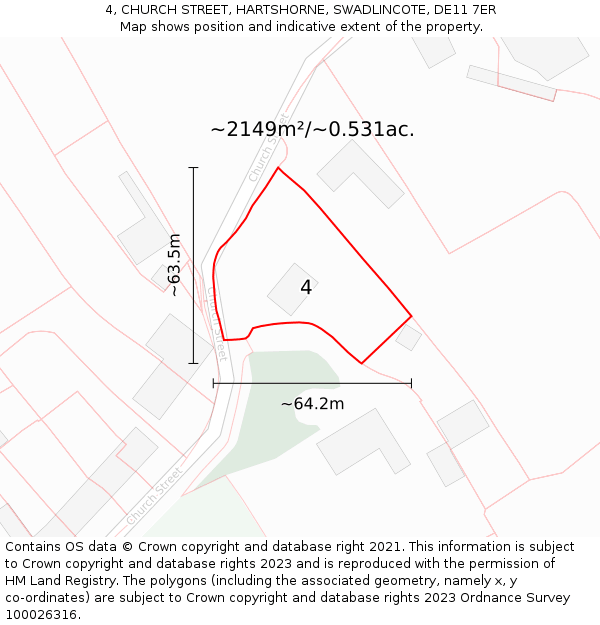 4, CHURCH STREET, HARTSHORNE, SWADLINCOTE, DE11 7ER: Plot and title map