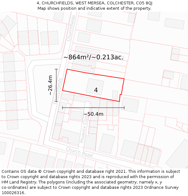 4, CHURCHFIELDS, WEST MERSEA, COLCHESTER, CO5 8QJ: Plot and title map