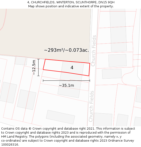 4, CHURCHFIELDS, WINTERTON, SCUNTHORPE, DN15 9QH: Plot and title map