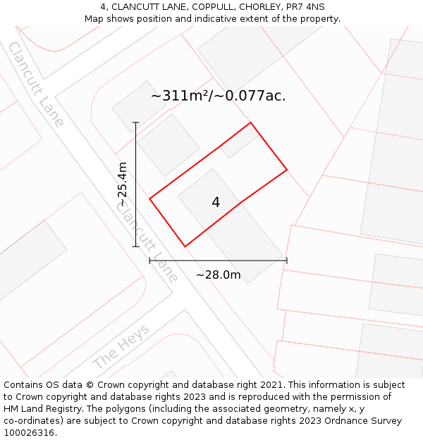 4, CLANCUTT LANE, COPPULL, CHORLEY, PR7 4NS: Plot and title map