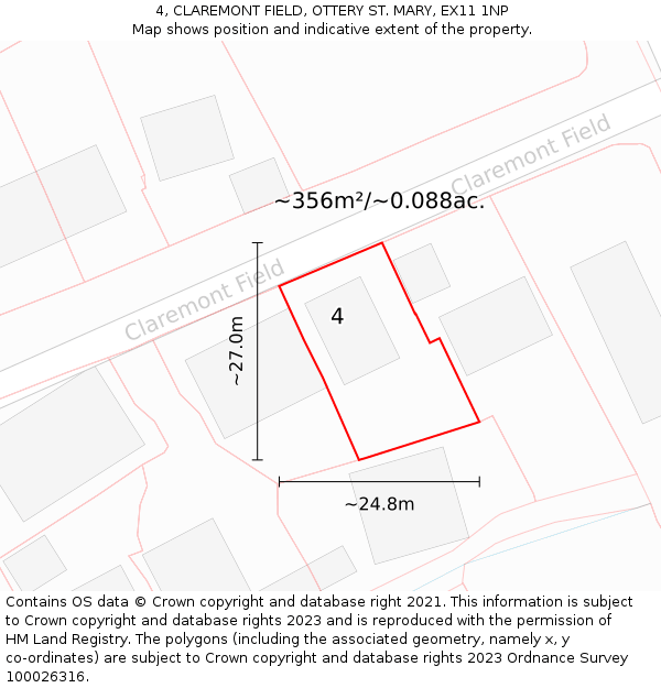 4, CLAREMONT FIELD, OTTERY ST MARY, EX11 1NP: Plot and title map