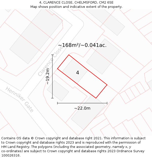 4, CLARENCE CLOSE, CHELMSFORD, CM2 6SE: Plot and title map