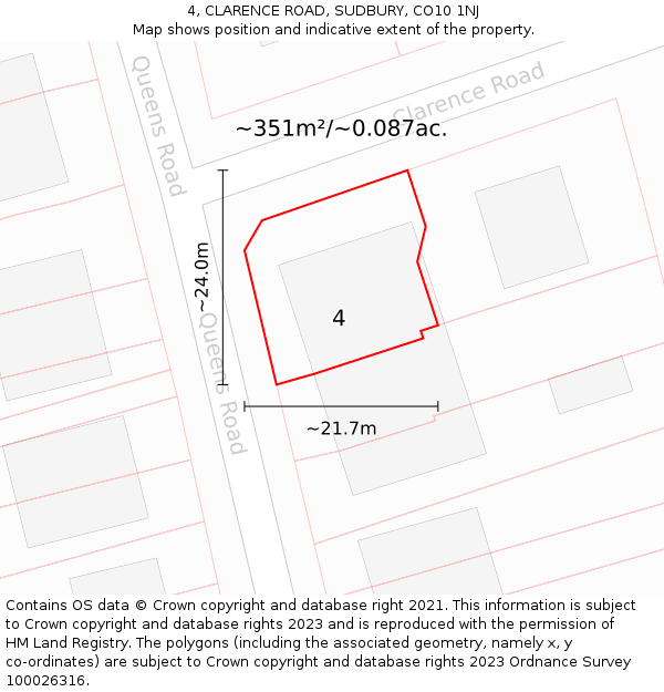 4, CLARENCE ROAD, SUDBURY, CO10 1NJ: Plot and title map