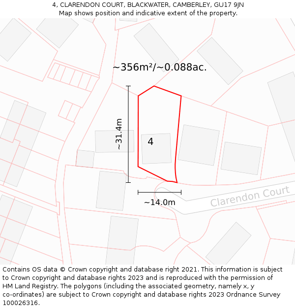 4, CLARENDON COURT, BLACKWATER, CAMBERLEY, GU17 9JN: Plot and title map