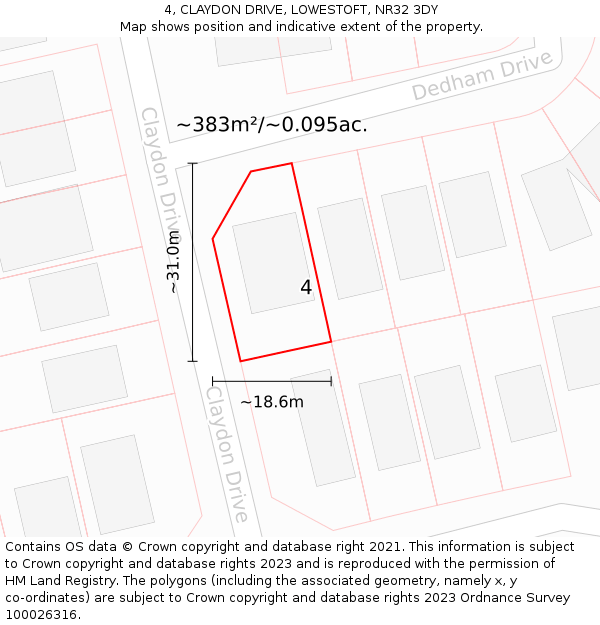 4, CLAYDON DRIVE, LOWESTOFT, NR32 3DY: Plot and title map