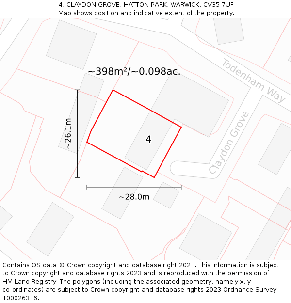 4, CLAYDON GROVE, HATTON PARK, WARWICK, CV35 7UF: Plot and title map