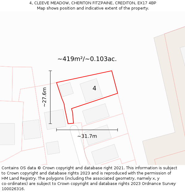 4, CLEEVE MEADOW, CHERITON FITZPAINE, CREDITON, EX17 4BP: Plot and title map