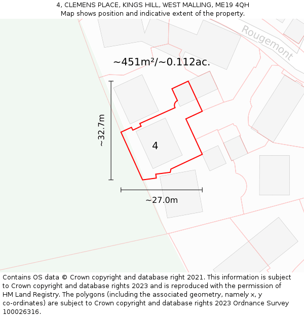 4, CLEMENS PLACE, KINGS HILL, WEST MALLING, ME19 4QH: Plot and title map