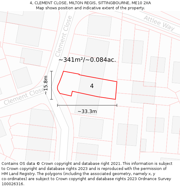 4, CLEMENT CLOSE, MILTON REGIS, SITTINGBOURNE, ME10 2XA: Plot and title map