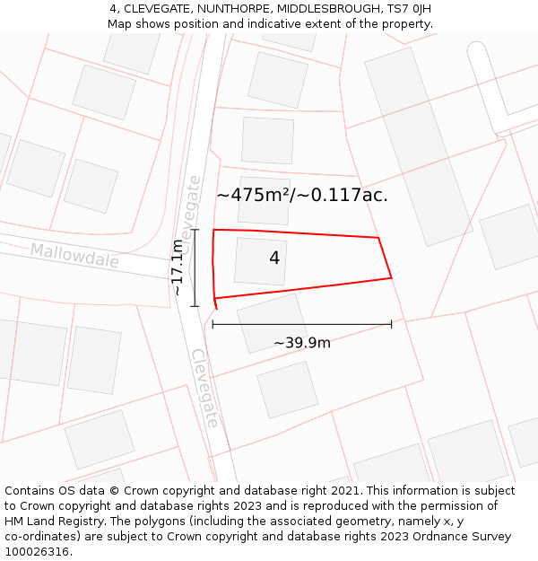4, CLEVEGATE, NUNTHORPE, MIDDLESBROUGH, TS7 0JH: Plot and title map