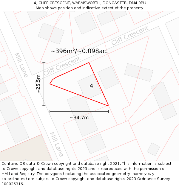 4, CLIFF CRESCENT, WARMSWORTH, DONCASTER, DN4 9PU: Plot and title map