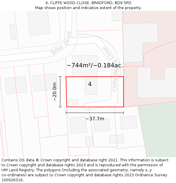 4, CLIFFE WOOD CLOSE, BRADFORD, BD9 5PD: Plot and title map