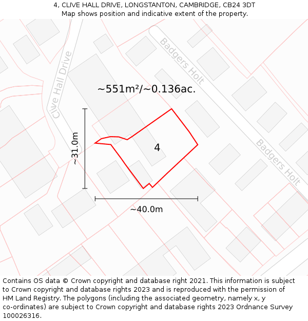 4, CLIVE HALL DRIVE, LONGSTANTON, CAMBRIDGE, CB24 3DT: Plot and title map