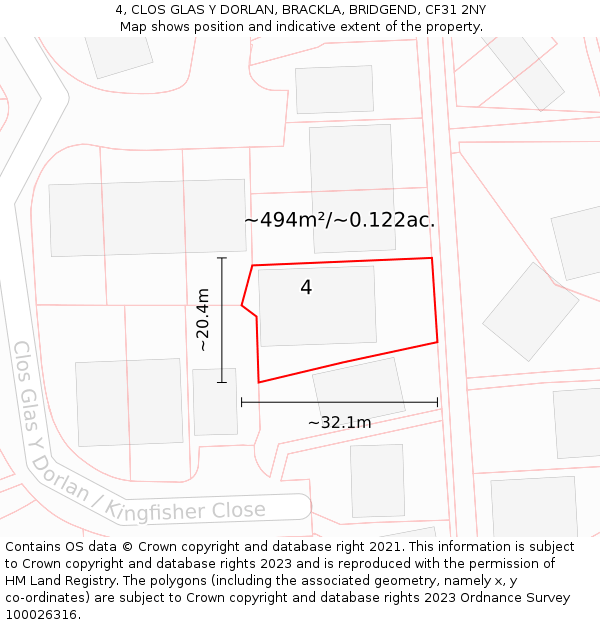 4, CLOS GLAS Y DORLAN, BRACKLA, BRIDGEND, CF31 2NY: Plot and title map