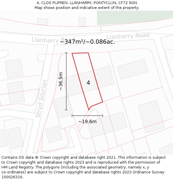 4, CLOS PUPREN, LLANHARRY, PONTYCLUN, CF72 9GN: Plot and title map