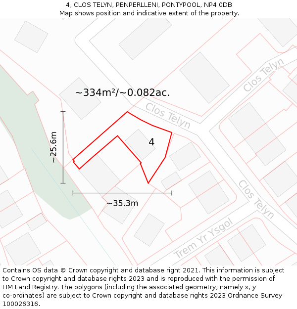 4, CLOS TELYN, PENPERLLENI, PONTYPOOL, NP4 0DB: Plot and title map