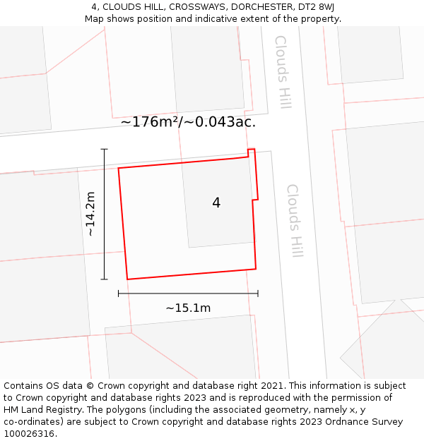 4, CLOUDS HILL, CROSSWAYS, DORCHESTER, DT2 8WJ: Plot and title map