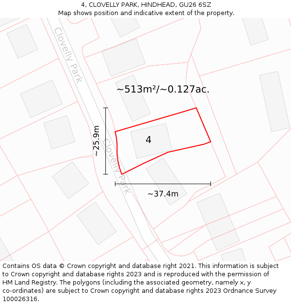 4, CLOVELLY PARK, HINDHEAD, GU26 6SZ: Plot and title map