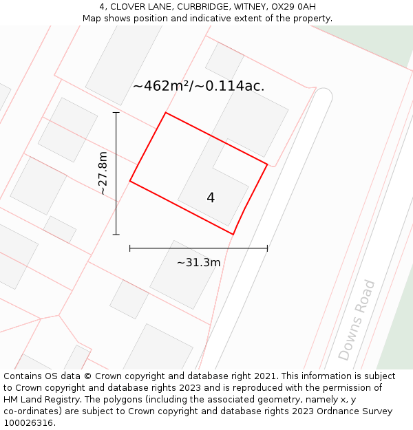 4, CLOVER LANE, CURBRIDGE, WITNEY, OX29 0AH: Plot and title map