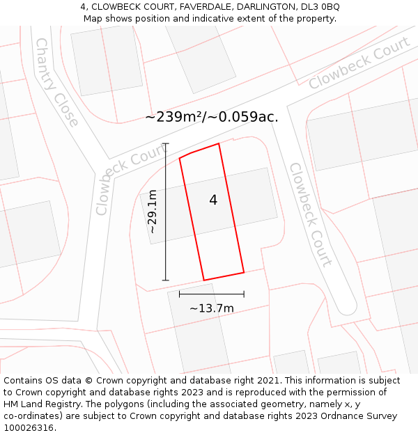4, CLOWBECK COURT, FAVERDALE, DARLINGTON, DL3 0BQ: Plot and title map