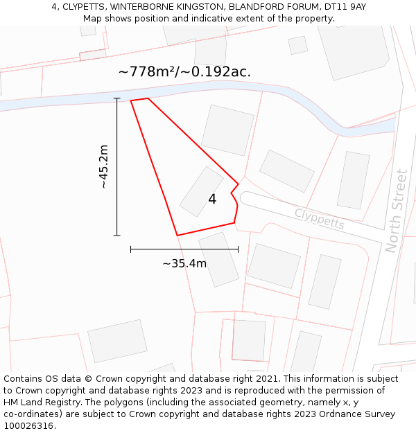 4, CLYPETTS, WINTERBORNE KINGSTON, BLANDFORD FORUM, DT11 9AY: Plot and title map
