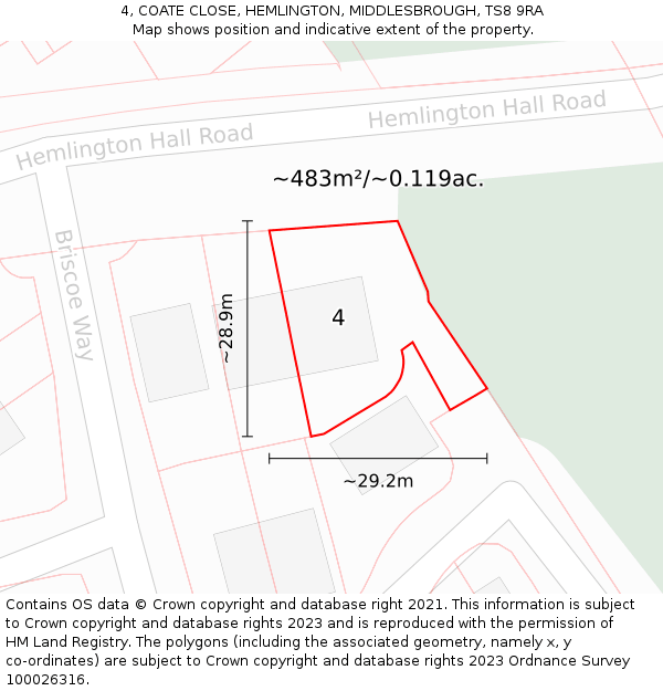 4, COATE CLOSE, HEMLINGTON, MIDDLESBROUGH, TS8 9RA: Plot and title map