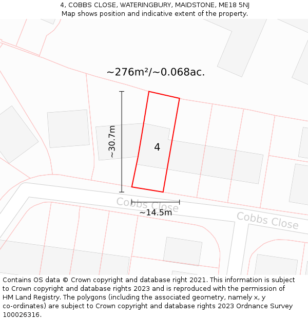 4, COBBS CLOSE, WATERINGBURY, MAIDSTONE, ME18 5NJ: Plot and title map
