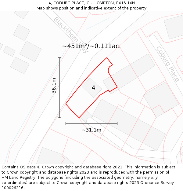 4, COBURG PLACE, CULLOMPTON, EX15 1XN: Plot and title map