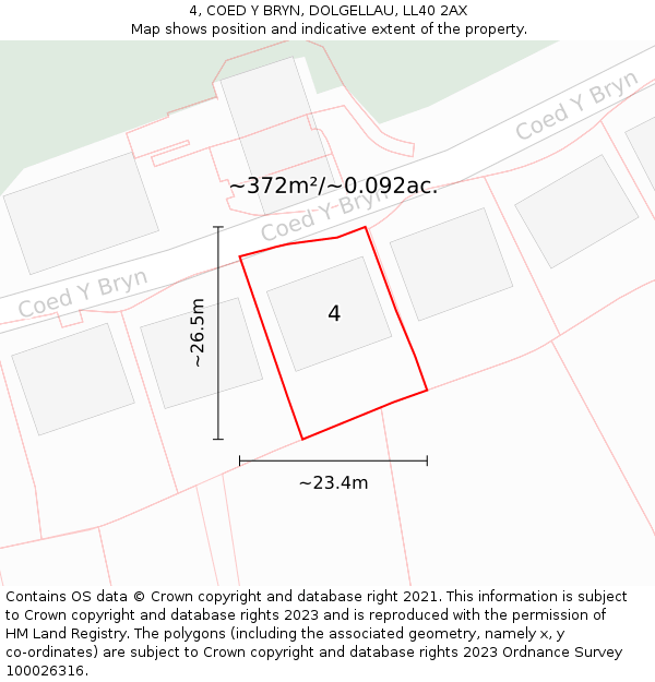 4, COED Y BRYN, DOLGELLAU, LL40 2AX: Plot and title map