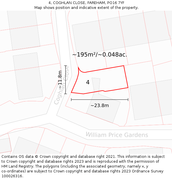4, COGHLAN CLOSE, FAREHAM, PO16 7YF: Plot and title map