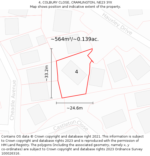 4, COLBURY CLOSE, CRAMLINGTON, NE23 3YX: Plot and title map