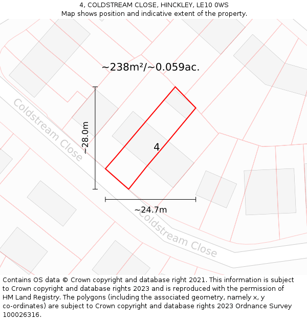 4, COLDSTREAM CLOSE, HINCKLEY, LE10 0WS: Plot and title map