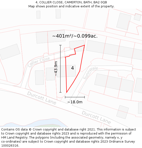 4, COLLIER CLOSE, CAMERTON, BATH, BA2 0QB: Plot and title map
