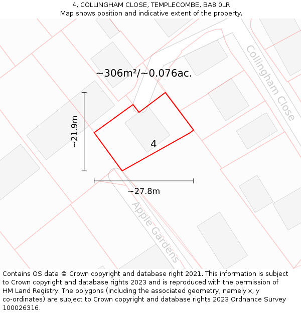 4, COLLINGHAM CLOSE, TEMPLECOMBE, BA8 0LR: Plot and title map