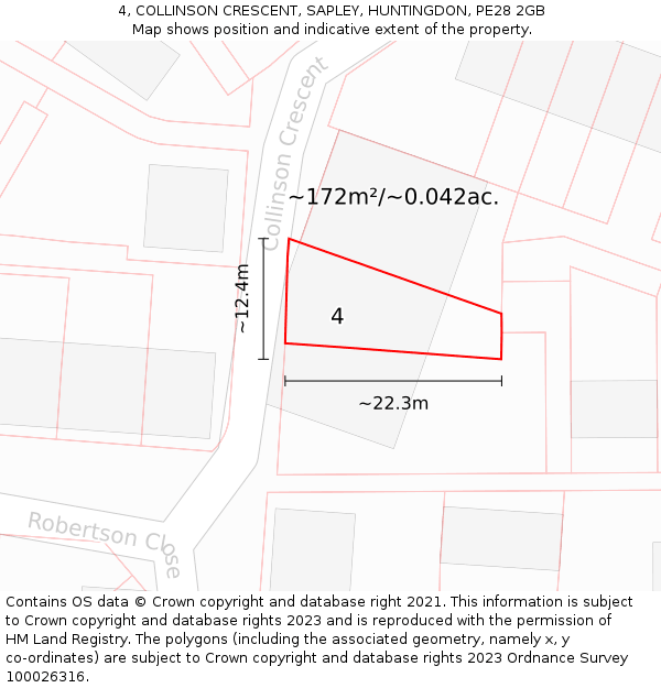 4, COLLINSON CRESCENT, SAPLEY, HUNTINGDON, PE28 2GB: Plot and title map