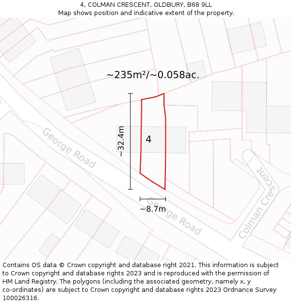 4, COLMAN CRESCENT, OLDBURY, B68 9LL: Plot and title map