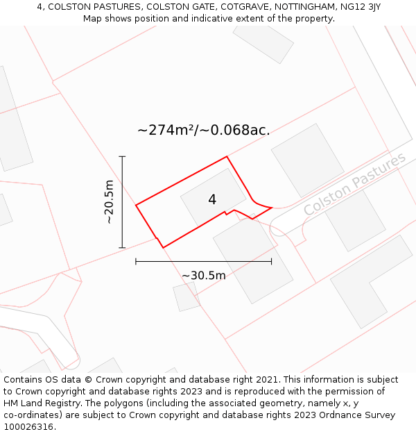 4, COLSTON PASTURES, COLSTON GATE, COTGRAVE, NOTTINGHAM, NG12 3JY: Plot and title map