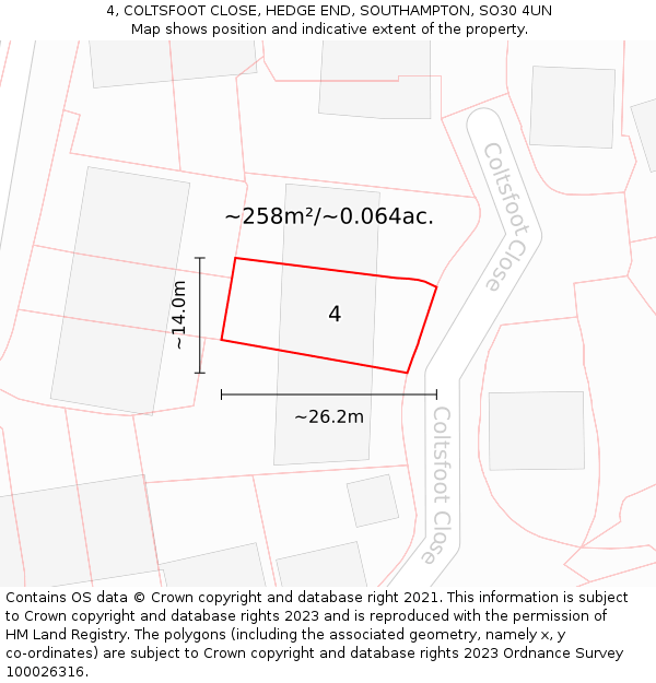 4, COLTSFOOT CLOSE, HEDGE END, SOUTHAMPTON, SO30 4UN: Plot and title map