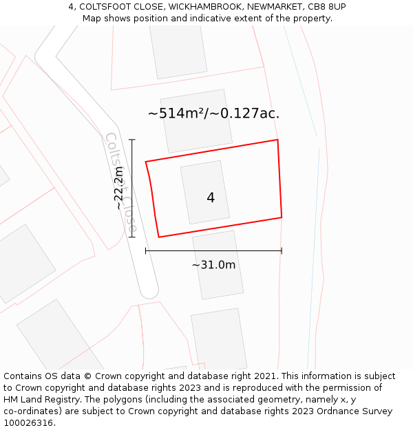 4, COLTSFOOT CLOSE, WICKHAMBROOK, NEWMARKET, CB8 8UP: Plot and title map